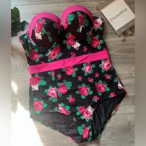 Torrid x Hello Kitty Black and Pink Floral Underwire Strapless One Piece Suit. 1